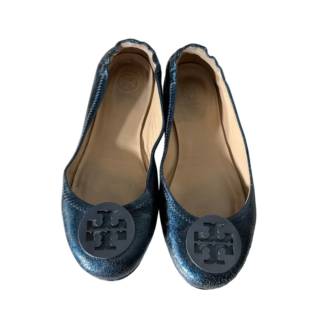Tory Burch Reva Metallic Blue Cracked Leather Logo Ballet Flats Womens 7.5